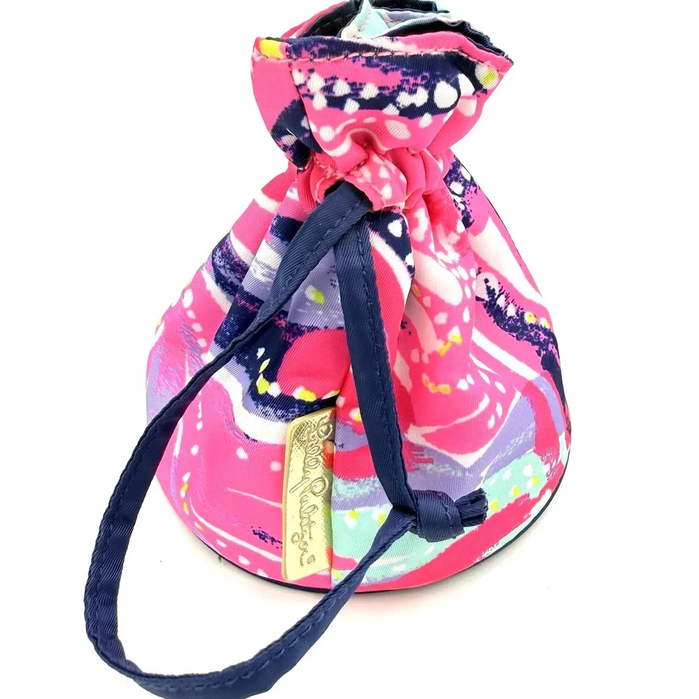 Lilly Pulitzer Pouch Drawstring & Zipper Makeup Bag Dragonfruit Oh My Guava 2 pc
